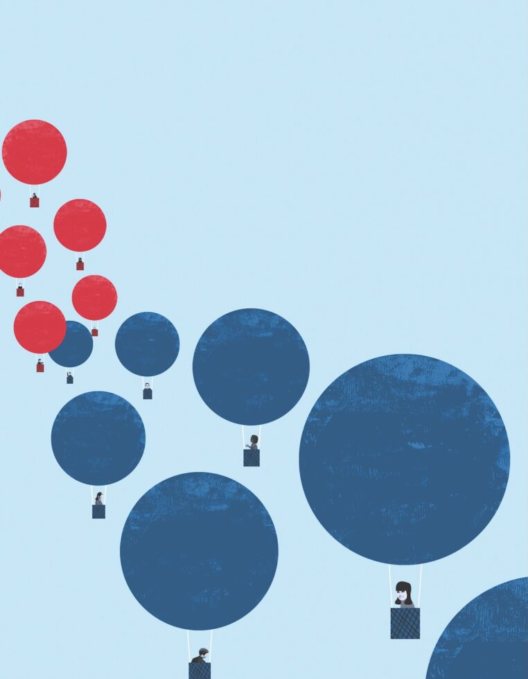 A minimalist illustration featuring several hot air balloons on a light blue background. The balloons are in two colors: red (smaller, on the left) and blue (larger, on the right). Each balloon has a small basket with a person inside. The red balloons appear to move away in the distance, while the larger blue balloons with people are in the foreground, creating a sense of depth and progression.