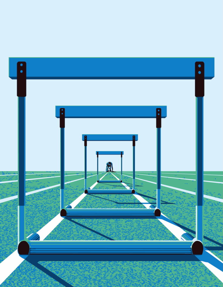 Illustration of hurdles on a running track with an athlete in the distance preparing to race.