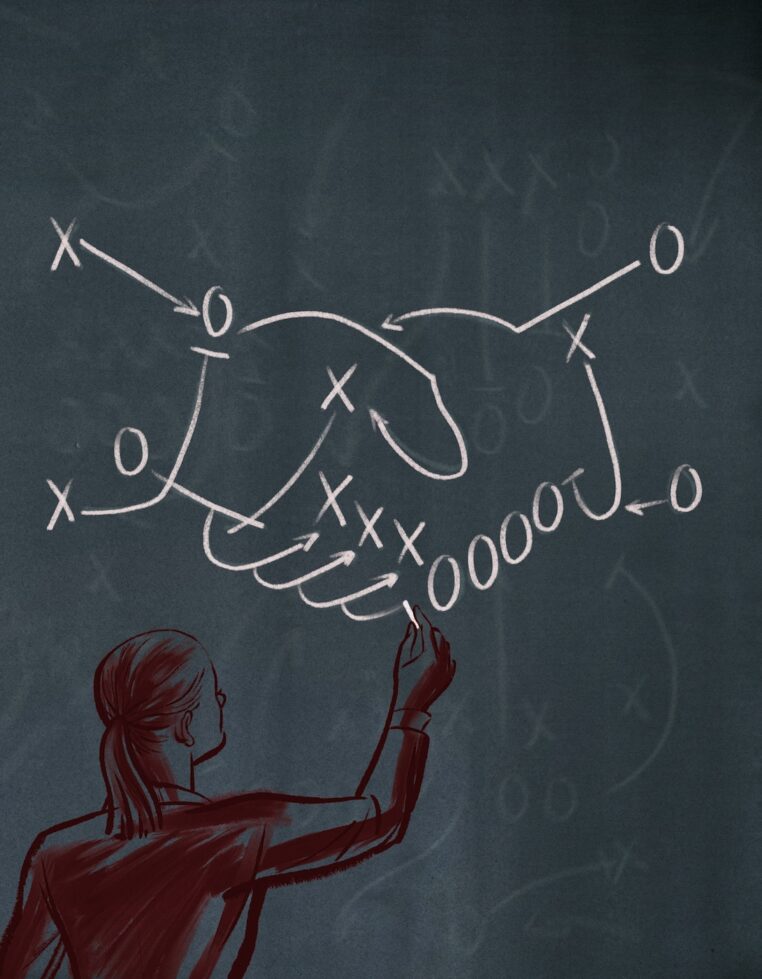 Illustration of a person drawing strategy diagrams with Xs and Os on a chalkboard, resembling a playbook plan.