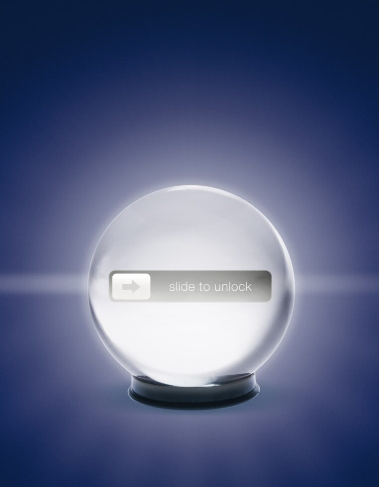 Glowing crystal ball with a digital “slide to unlock” bar displayed across its center against a dark blue background.