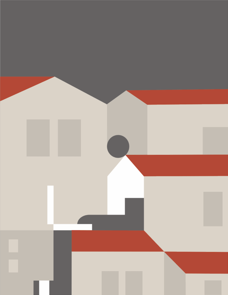 A minimalist, geometric illustration of a person sitting on a rooftop, working on a laptop. The scene features abstract, blocky shapes representing houses with red roofs against a dark grey sky. The person is depicted with simple shapes—grey circles and rectangles for the head and limbs, and a white square for the shirt. The overall style is abstract and modern.