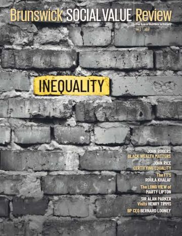 Brunswick Social Value Review cover, Issue 3 2022, themed “Inequality” with a cracked brick wall background and yellow highlight on the title.