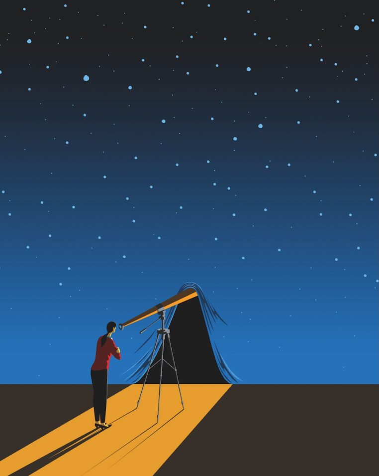 A stylized illustration of a person using a telescope on a tripod, standing on a path illuminated with yellow light under a star-filled night sky. The telescope is pointed toward a distant mountain, blending the sense of exploration and curiosity. The background fades from deep blue to black, covered in scattered stars.