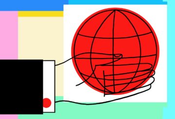 an illustration of an arm wearing a black suit and white button down holding a red globe image.