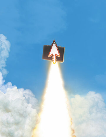 A digital illustration of a rocket launch, where the rocket is represented by a black briefcase with a large, pixelated red computer cursor arrow attached to it. The briefcase soars upward with a bright flame and smoke trail, against a blue sky with fluffy clouds.