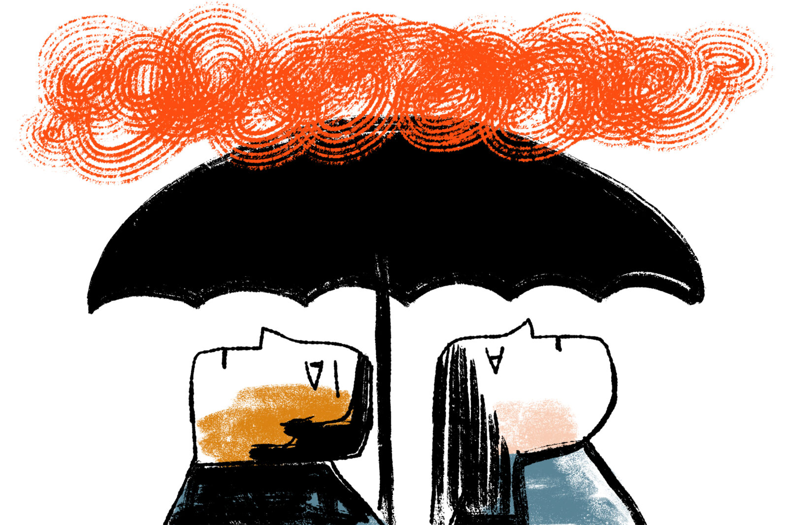 A stylized illustration of two people standing side by side under a large black umbrella. Above the umbrella, swirling orange clouds fill the sky. The umbrella shields the pair from the clouds, and both look upward with neutral expressions.