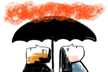 A stylized illustration of two people standing side by side under a large black umbrella. Above the umbrella, swirling orange clouds fill the sky. The umbrella shields the pair from the clouds, and both look upward with neutral expressions.