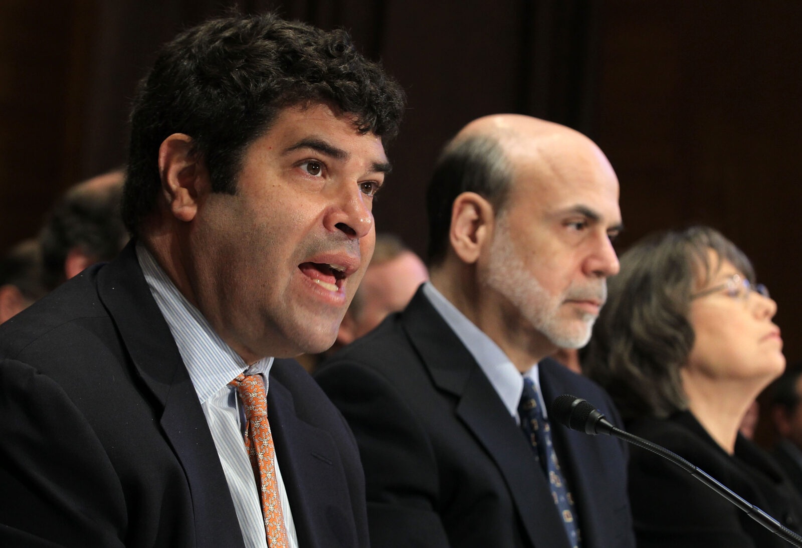 Deputy U.S. Treasury Secretary Neal Wolin, Federal Reserve Chairman Ben Bernanke, and Federal Deposit Insurance Corporation Chairman Sheila Bair testify during a hearing before Senate Banking, Housing and Urban Affairs Committee May 12, 2011 on Capitol Hill in Washington, DC.
