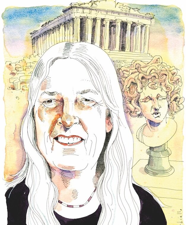 Illustrated portrait of a smiling person with long hair, with the Parthenon and a bust of Medusa in the background.