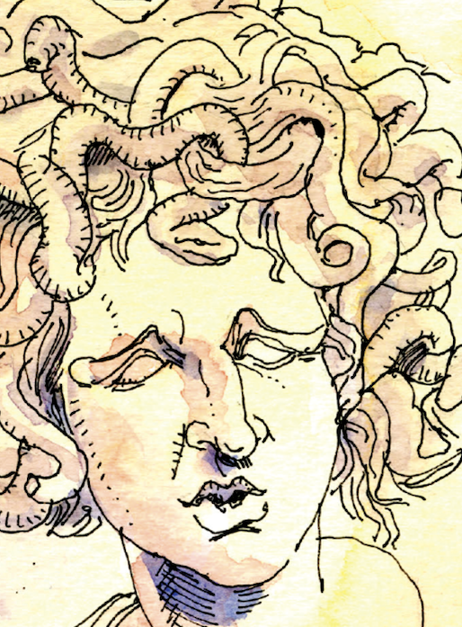 Illustrated portrait of a smiling person with long hair, with the Parthenon and a bust of Medusa in the background.