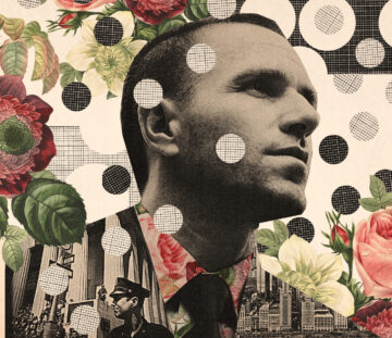 A surreal collage featuring a serious-looking man in a suit with floral patterns, surrounded by large roses and other flowers. The background includes black-and-white city buildings, a police officer, geometric dot and grid patterns, and a mix of urban and natural elements. The overall effect is a blend of realism and abstract art.