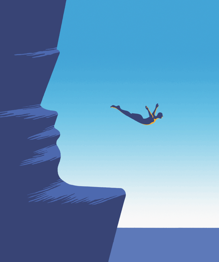 A minimalist illustration of a person diving off a high cliff into water below. The cliff, stylized in deep blue tones, resembles a human profile in its side view. The diver, outlined with a thin yellow accent, is suspended in mid-air against a bright blue sky, symbolizing boldness, freedom, or taking a leap.