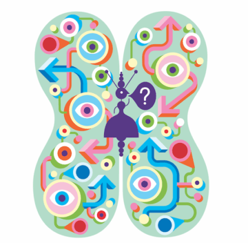 Colorful abstract illustration of a butterfly shape filled with eyes, arrows, and pathways, with a small purple robot figure in the center holding a speech bubble with a question mark.