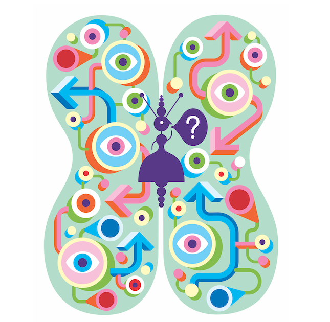 Colorful abstract illustration of a butterfly shape filled with eyes, arrows, and pathways, with a small purple robot figure in the center holding a speech bubble with a question mark.