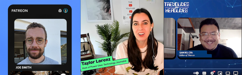 Screenshots on three different podcasters, a man with glasses on Patreon, a woman with long brown hair speaking into her laptop camera and a man with glasses on Trendlines and Headlines. 