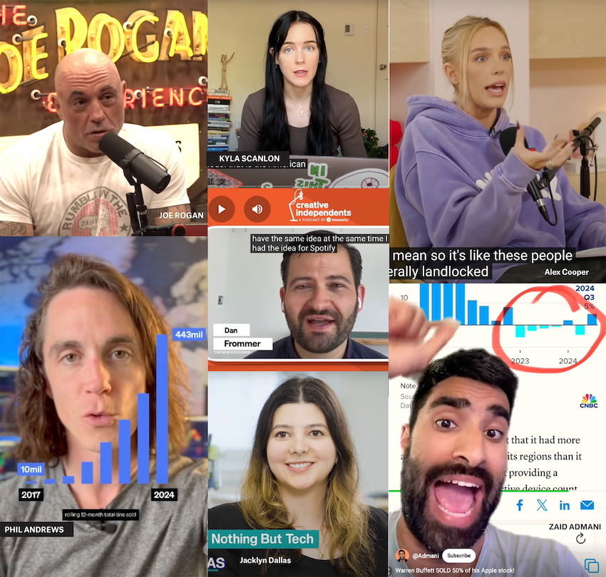 a collage of seven different podcasters speaking to their cameras or conducting interviews