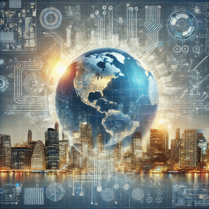 Digital illustration of Earth with illuminated city lights, positioned above a modern city skyline, surrounded by futuristic circuit patterns and holographic technology elements.