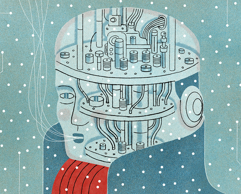Illustrated GIF of a human head with the top cut open, revealing mechanical gears, pipes, and circuits inside, blending human features with machine components against a dotted blue background.