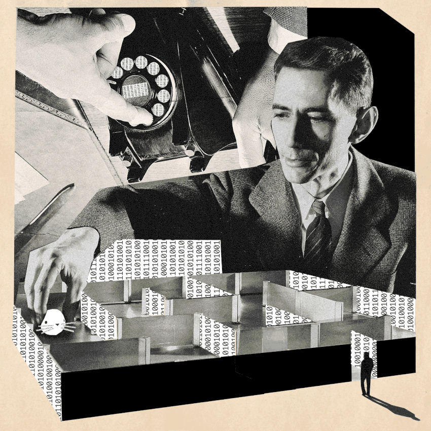 A GIF of an artistic collage of a man in a suit reaching into a maze, a giant hand dialing a rotary phone above, and a small figure standing outside the maze.