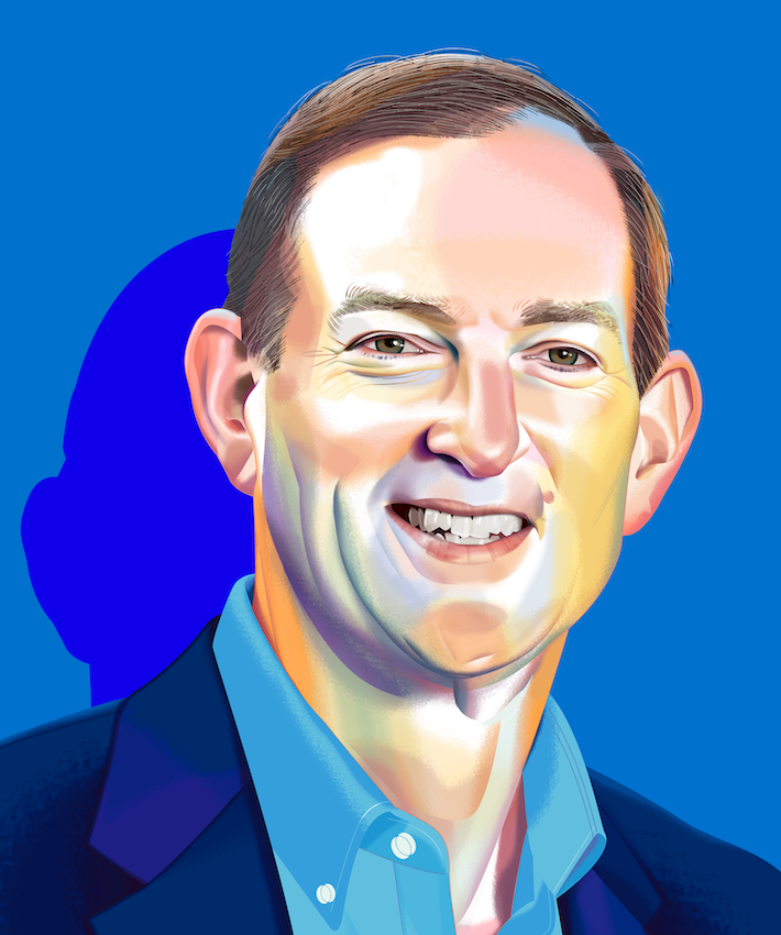An artistic illustration of Dominion Energy CEO Bob Blue with a blue background.