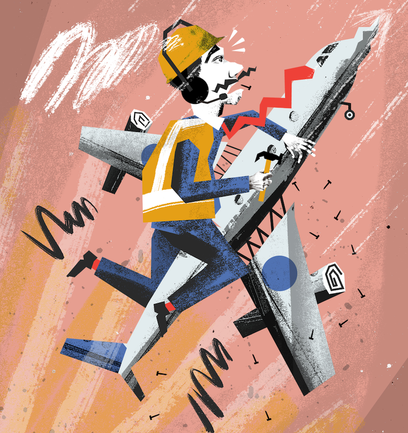 Illustration of a worker in a hard hat and safety vest holding a wrench while fixing a flying airplane, symbolizing urgency and crisis management.