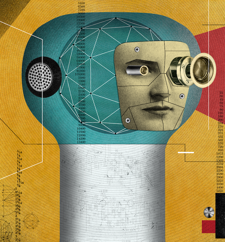 Abstract illustration of a robotic head with a geometric wireframe sphere, a mechanical faceplate, and a lens for an eye, surrounded by numbers, technical drawings, and bold geometric shapes.