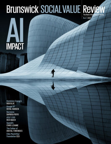 Brunswick Social Value Review cover, Issue 6 2025, with the theme “AI Impact” and an image of a person walking across futuristic curved architecture.