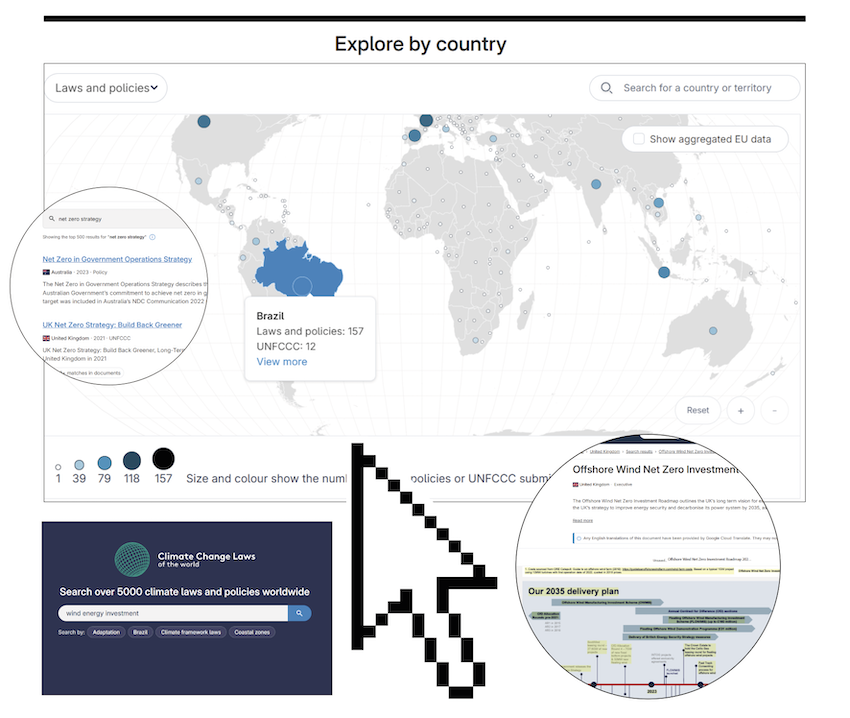 an interactive map of Climate Policy Radar's technology and database, a map is displayed and if you hover over countries it shows all the climate policies that are in place in those places.