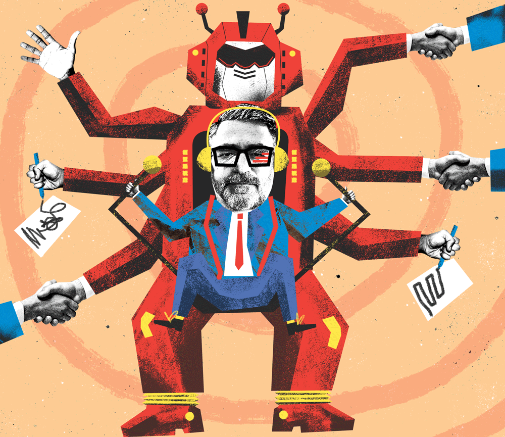 Colorful illustration of a businessman with a robotic body and multiple arms, each performing tasks such as shaking hands and signing documents, symbolizing multitasking and efficiency.