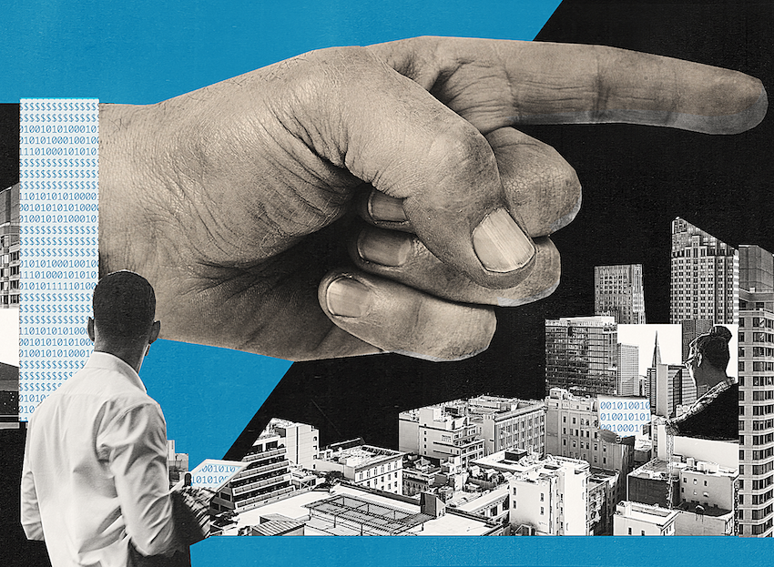Collage of a giant hand pointing over a cityscape with skyscrapers, while a man in a shirt looks on; binary code patterns are integrated into the background.