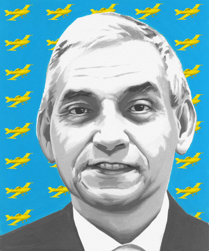 An illustration of Xcalibur CEO Andrés Blanco, with yellow air tractors behind him on a blue background
