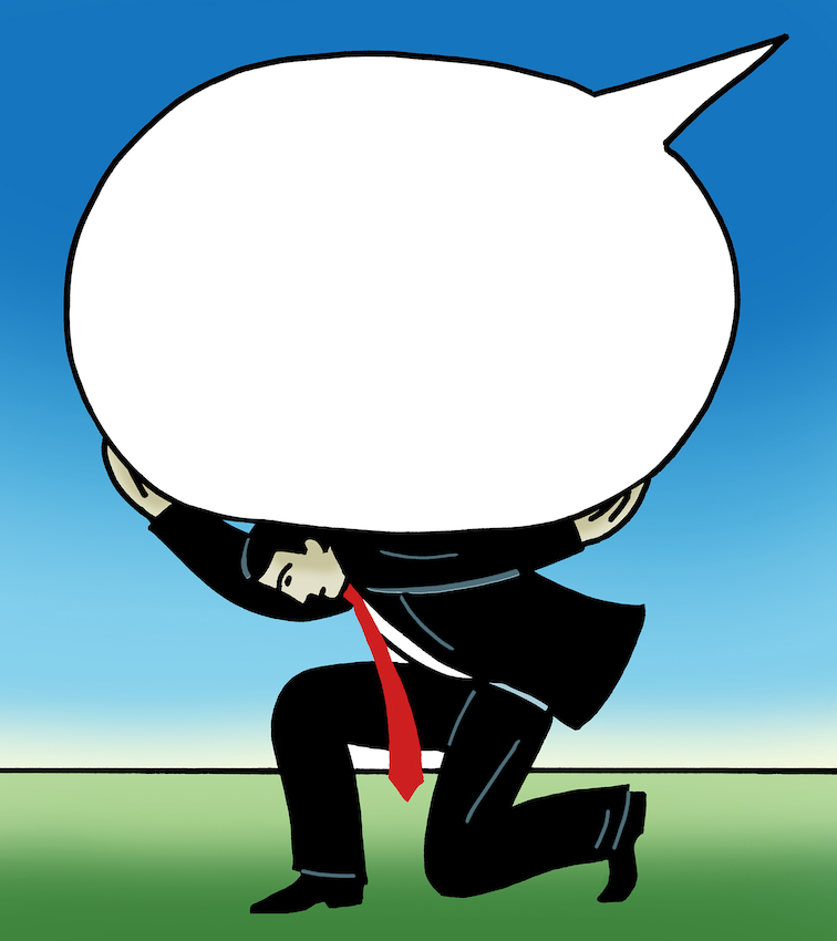 Illustration of a man in a suit and red tie kneeling while carrying a large, blank speech bubble on his back like a heavy burden.
