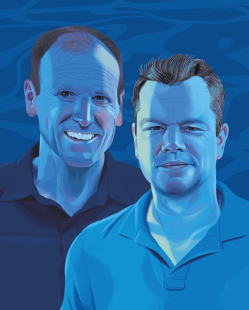 Illustrated portrait of two men in blue tones, one smiling and one with a neutral expression, against a blue background.