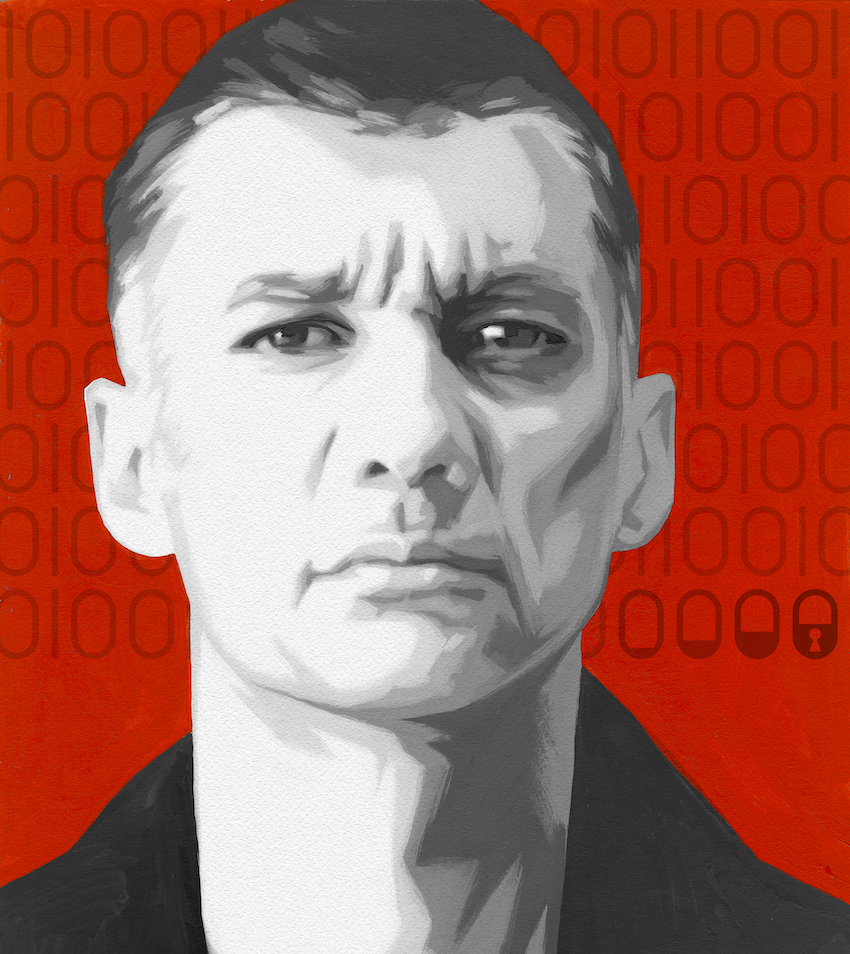 A digitally painted portrait of a serious-looking person in grayscale, set against a bold red background filled with repeating binary code (ones and zeroes). The lower right part of the background features a unique binary sequence with a lock symbol replacing one of the zeroes, emphasizing a theme of cybersecurity or encryption.