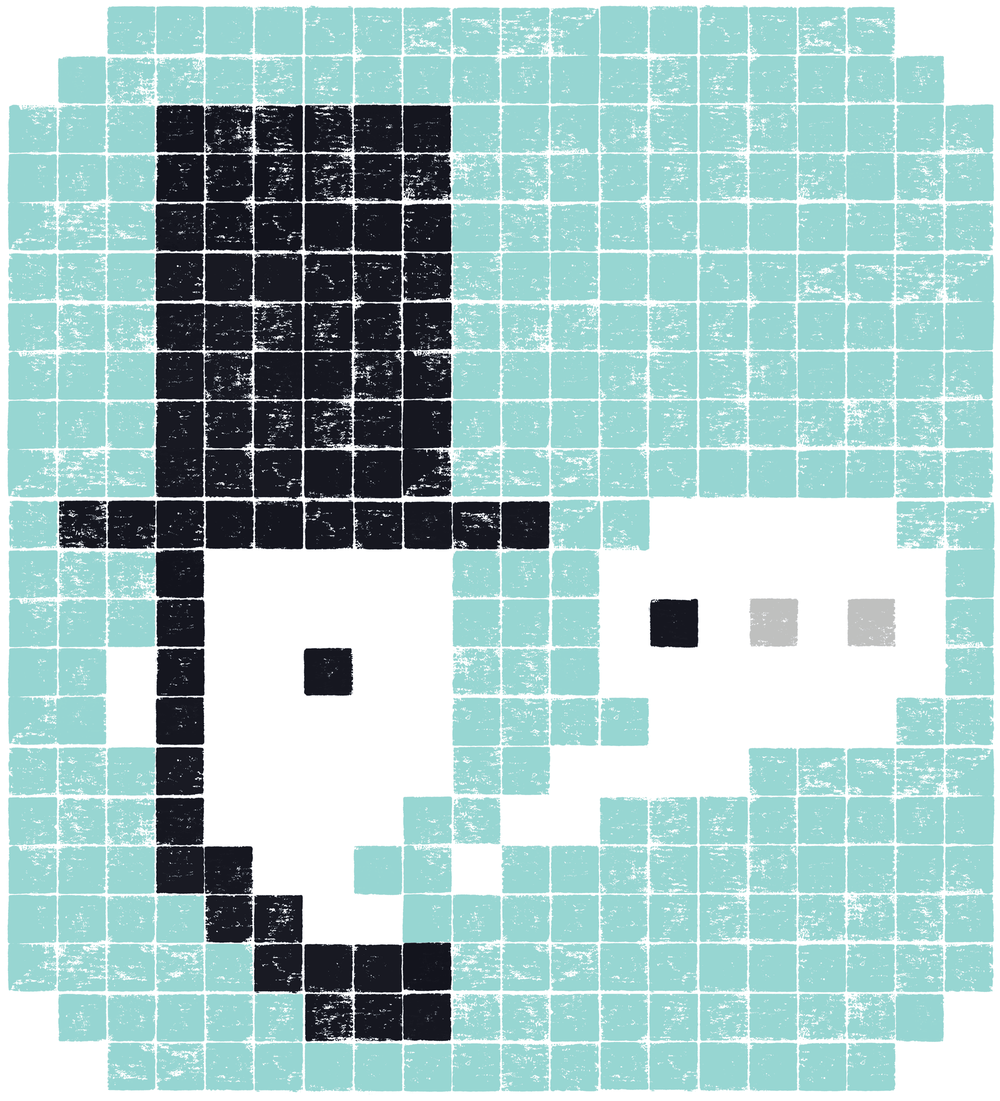 Pixelated illustration of a face wearing a tall black hat, with a white speech bubble containing three dots, set against a light blue grid background.