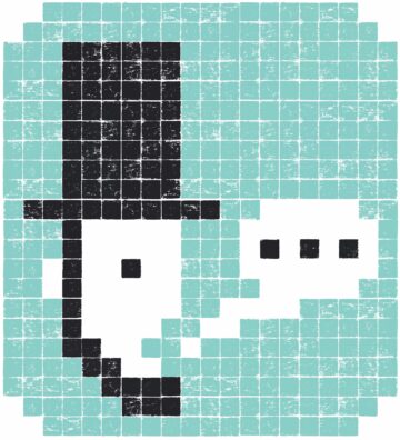 Pixelated illustration of a face wearing a tall black hat, with a white speech bubble containing three dots, set against a light blue grid background.