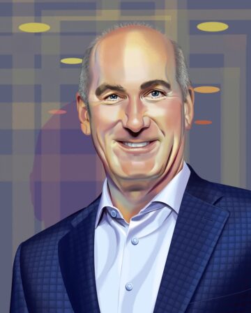 An illustrated portrait of John Stankey, a man wearing a blue dress shirt and navy suit jacket