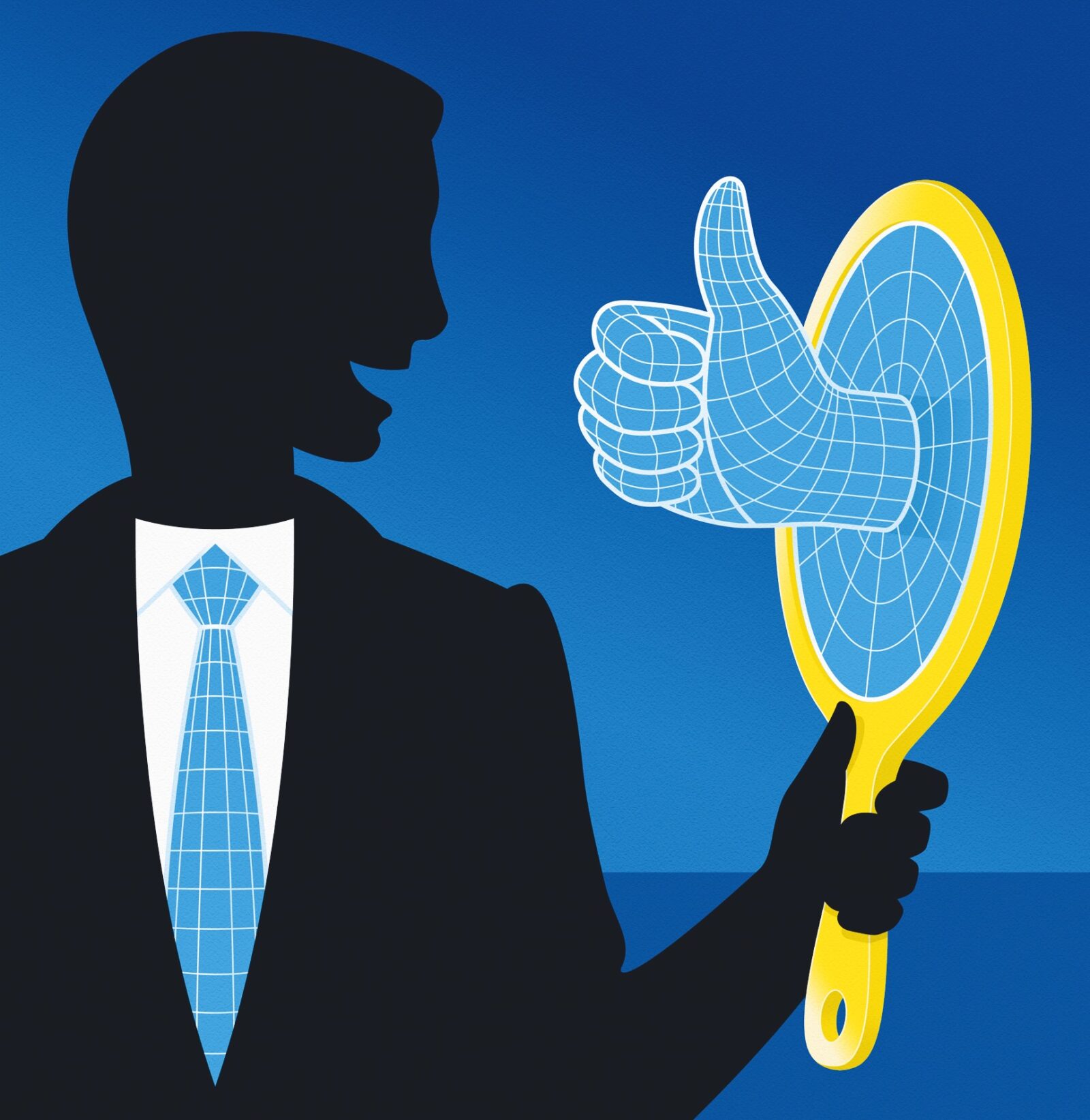 Illustration of a silhouetted man in a suit holding a yellow hand mirror, which reflects a 3D wireframe thumbs-up symbol instead of his face.