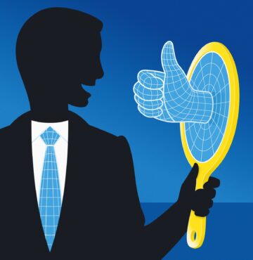 Illustration of a silhouetted man in a suit holding a yellow hand mirror, which reflects a 3D wireframe thumbs-up symbol instead of his face.