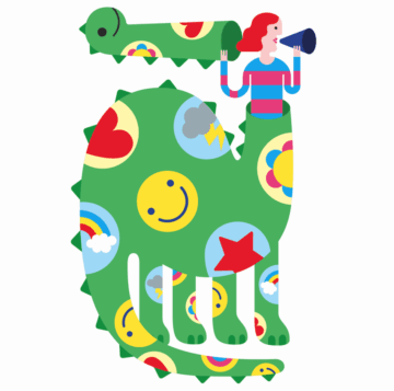 Colorful illustration of a person with a megaphone emerging from the body of a green dinosaur covered in playful patterns like smiley faces, hearts, stars, rainbows, and flowers.