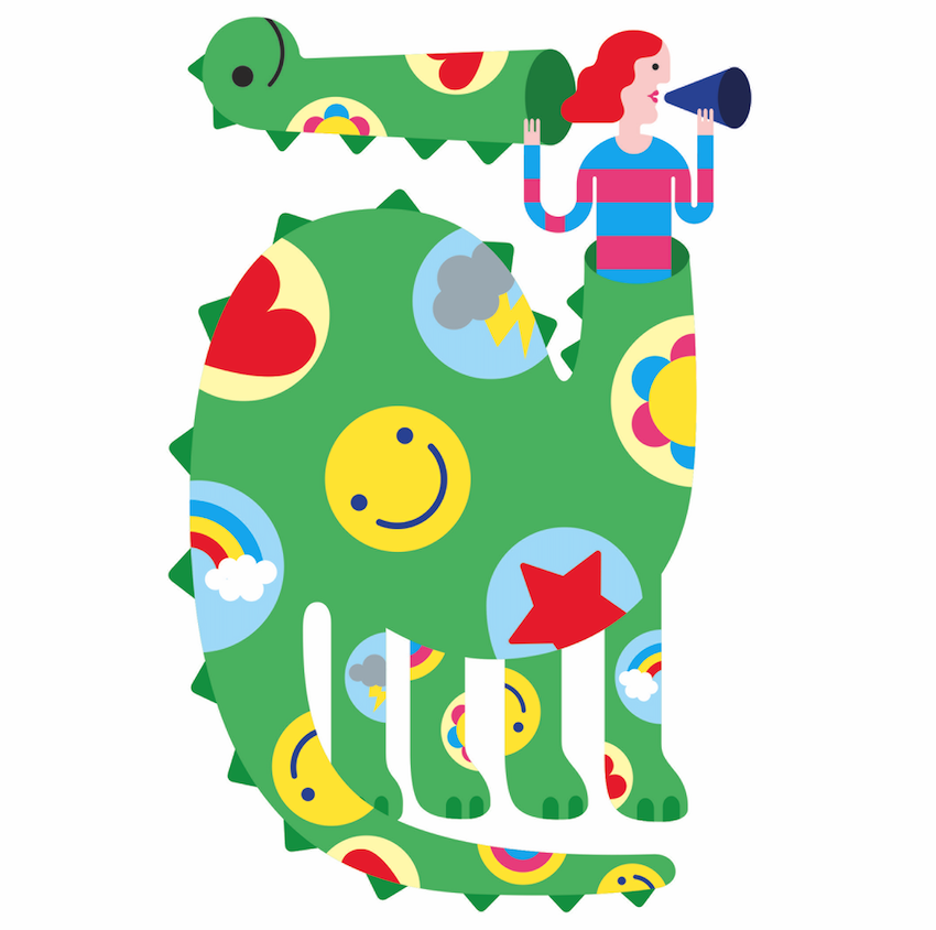Colorful illustration of a person with a megaphone emerging from the body of a green dinosaur covered in playful patterns like smiley faces, hearts, stars, rainbows, and flowers.