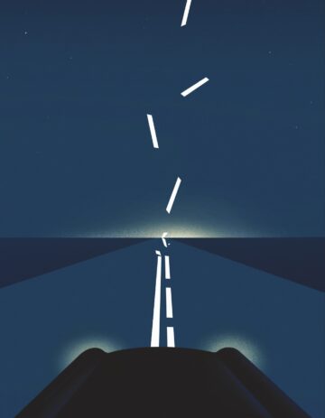 Illustration of a car driving on a dark road at night with white dashed lines extending into the distance under a starry sky.