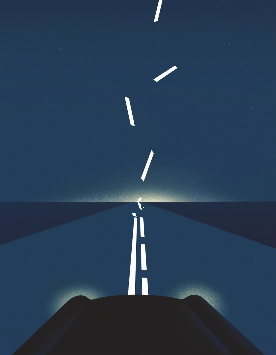 Illustration of a car driving on a dark road at night with white dashed lines extending into the distance under a starry sky.