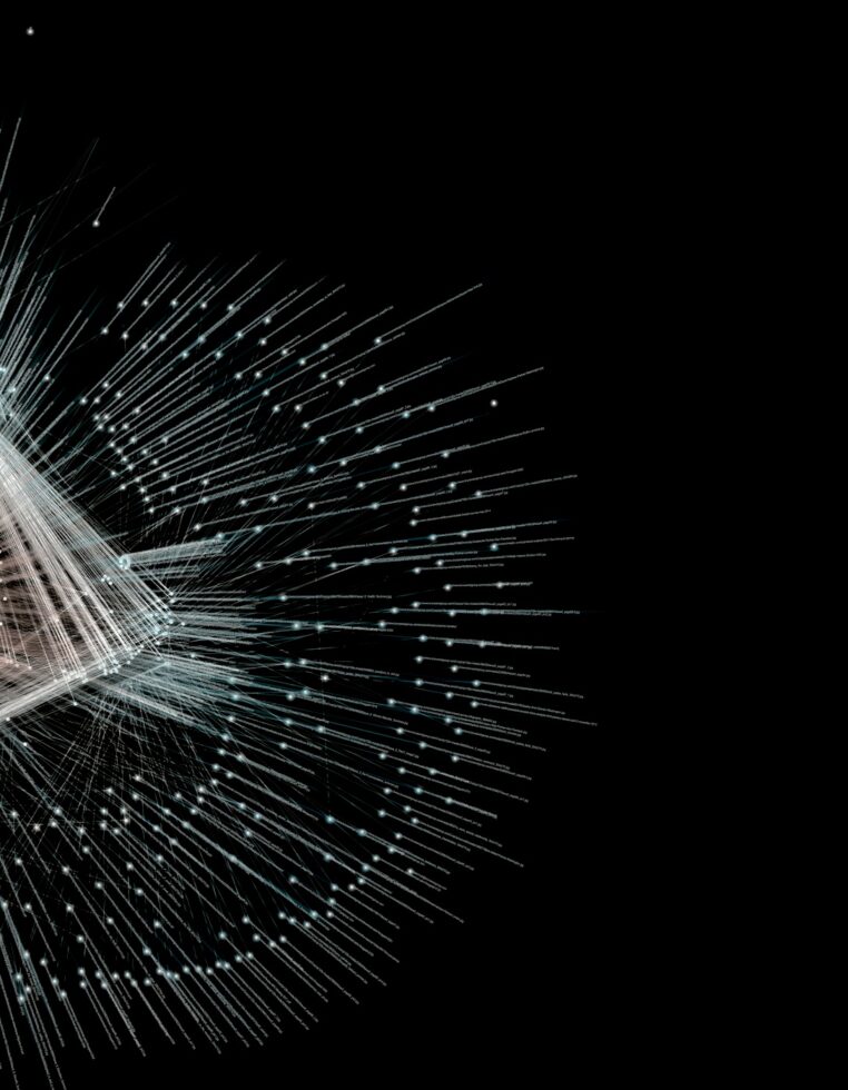 A digital abstract image resembling a complex network or data visualization. Fine, radiating lines with glowing points branch outward from a geometric center against a solid black background. The visual effect is reminiscent of fiber optic cables, starbursts, or a sophisticated technological diagram.