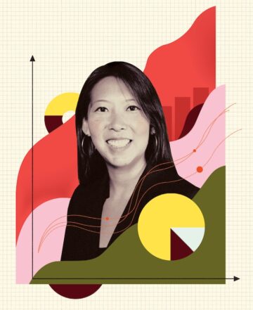 an illustrated portrait of IBM CSO Christina Shim with a background of red pink and green graphic images on an x and y axis