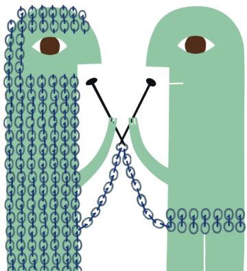 Illustration showing two abstract green figures facing each other, holding nails that connect chains draped across and between them.