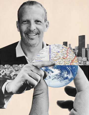 Collage artwork titled “Mapquest” featuring a smiling man above city and suburban imagery, with hands holding a globe that blends Earth and a road map.