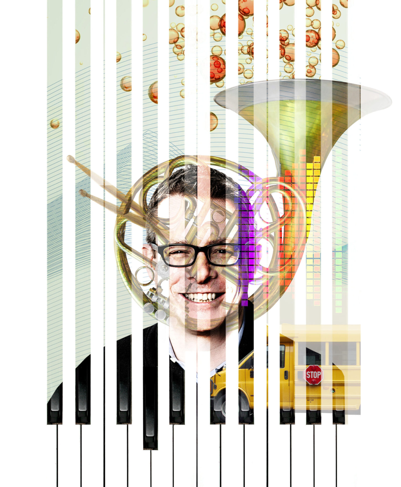 an illustration of Henry Donahue artistically situated within piano keys with a tuba overtop