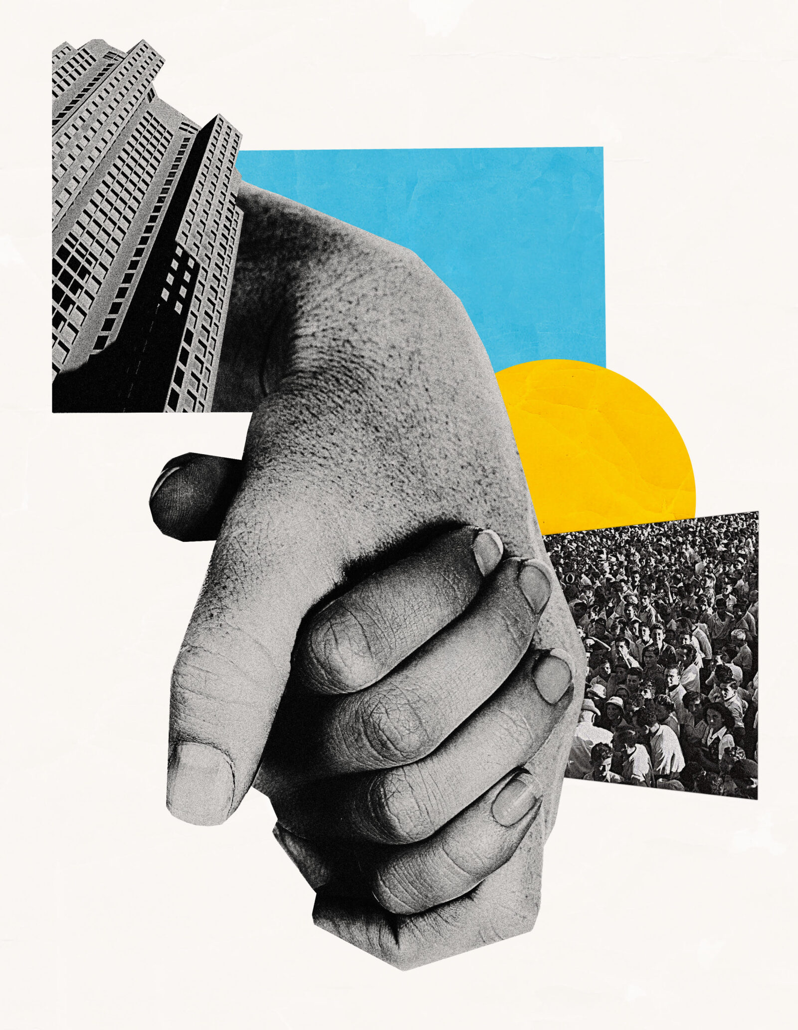 Collage artwork showing two hands clasped in a handshake. Behind them are abstract cutouts: a tall office building, a large crowd of people, a blue rectangle, and a yellow circle.