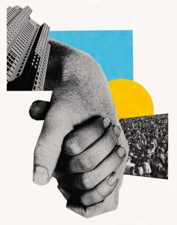 Collage artwork showing two hands clasped in a handshake. Behind them are abstract cutouts: a tall office building, a large crowd of people, a blue rectangle, and a yellow circle.